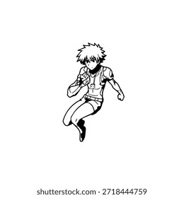 Personaje de anime dinámico en ilustración de acción en negro sobre blanco para manga, arte y estilos de Diseño gráfico