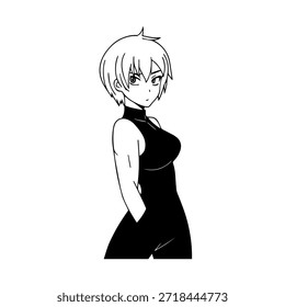 Dynamischer Anime-Charakter in Aktion Illustration in Schwarz auf Weiß für Manga-, Kunst- und Grafikdesign-Stile