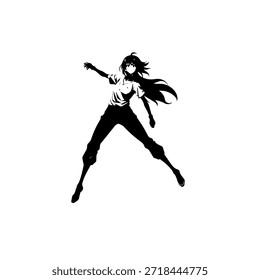 Personaje de anime dinámico en ilustración de acción en negro sobre blanco para manga, arte y estilos de Diseño gráfico