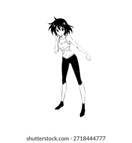 Personaje de anime dinámico en ilustración de acción en negro sobre blanco para manga, arte y estilos de Diseño gráfico