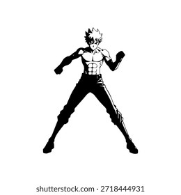 Personaje de anime dinámico en ilustración de acción en negro sobre blanco para manga, arte y estilos de Diseño gráfico