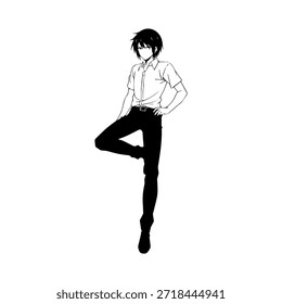 Personagem de Anime Dinâmico na Ilustração de Ação em Preto sobre Branco para Mangá, Arte e Estilos de Design Gráfico