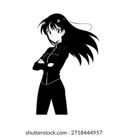 Dynamischer Anime-Charakter in Aktion Illustration in Schwarz auf Weiß für Manga-, Kunst- und Grafikdesign-Stile