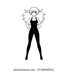 Dynamischer Anime-Charakter in Aktion Illustration in Schwarz auf Weiß für Manga-, Kunst- und Grafikdesign-Stile