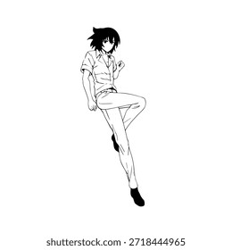 Personaje de anime dinámico en ilustración de acción en negro sobre blanco para manga, arte y estilos de Diseño gráfico
