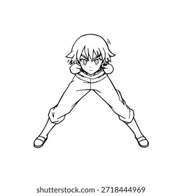 Dynamischer Anime-Charakter in Aktion Illustration in Schwarz auf Weiß für Manga-, Kunst- und Grafikdesign-Stile