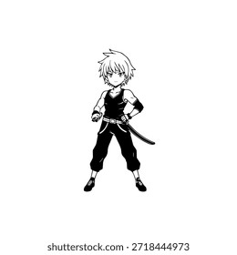 Personagem de Anime Dinâmico na Ilustração de Ação em Preto sobre Branco para Mangá, Arte e Estilos de Design Gráfico