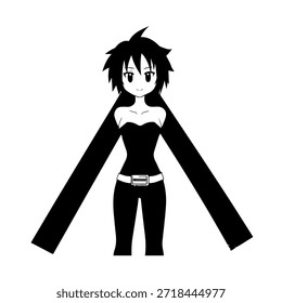 Dynamischer Anime-Charakter in Aktion Illustration in Schwarz auf Weiß für Manga-, Kunst- und Grafikdesign-Stile