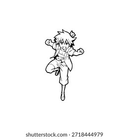 Personagem de Anime Dinâmico na Ilustração de Ação em Preto sobre Branco para Mangá, Arte e Estilos de Design Gráfico
