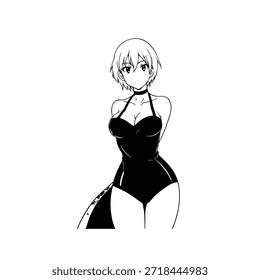 Dynamischer Anime-Charakter in Aktion Illustration in Schwarz auf Weiß für Manga-, Kunst- und Grafikdesign-Stile