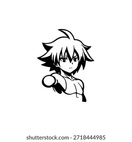 Personagem de Anime Dinâmico na Ilustração de Ação em Preto sobre Branco para Mangá, Arte e Estilos de Design Gráfico