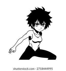 Dynamic Anime Character in Action Illustration in Black on White for Manga, Art, and Graphic Design Styles