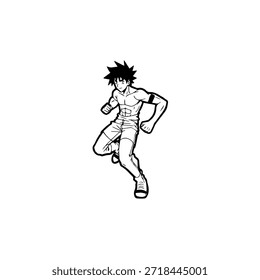 Personagem de Anime Dinâmico na Ilustração de Ação em Preto sobre Branco para Mangá, Arte e Estilos de Design Gráfico