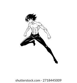 Personagem de Anime Dinâmico na Ilustração de Ação em Preto sobre Branco para Mangá, Arte e Estilos de Design Gráfico