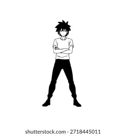 Personaje de anime dinámico en ilustración de acción en negro sobre blanco para manga, arte y estilos de Diseño gráfico