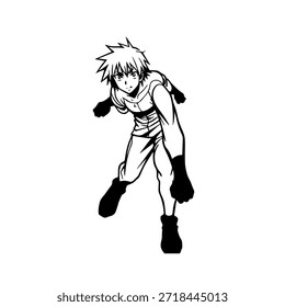 Personagem de Anime Dinâmico na Ilustração de Ação em Preto sobre Branco para Mangá, Arte e Estilos de Design Gráfico