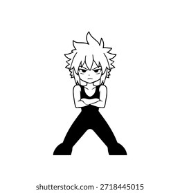 Dynamischer Anime-Charakter in Aktion Illustration in Schwarz auf Weiß für Manga-, Kunst- und Grafikdesign-Stile