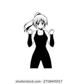 Dynamischer Anime-Charakter in Aktion Illustration in Schwarz auf Weiß für Manga-, Kunst- und Grafikdesign-Stile