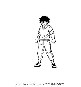 Personagem de Anime Dinâmico na Ilustração de Ação em Preto sobre Branco para Mangá, Arte e Estilos de Design Gráfico