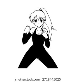 Dynamischer Anime-Charakter in Aktion Illustration in Schwarz auf Weiß für Manga-, Kunst- und Grafikdesign-Stile