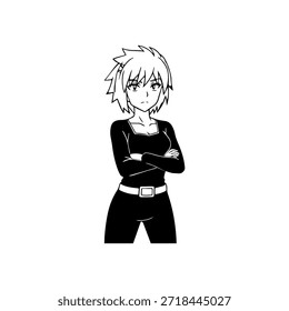 Dynamischer Anime-Charakter in Aktion Illustration in Schwarz auf Weiß für Manga-, Kunst- und Grafikdesign-Stile