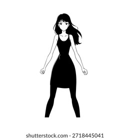 Dynamischer Anime-Charakter in Aktion Illustration in Schwarz auf Weiß für Manga-, Kunst- und Grafikdesign-Stile