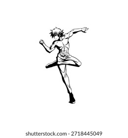 Personaje de anime dinámico en ilustración de acción en negro sobre blanco para manga, arte y estilos de Diseño gráfico
