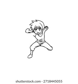 Personaje de anime dinámico en ilustración de acción en negro sobre blanco para manga, arte y estilos de Diseño gráfico