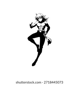 Personaje de anime dinámico en ilustración de acción en negro sobre blanco para manga, arte y estilos de Diseño gráfico