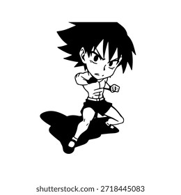 Dynamic Anime Character in Action Illustration in Black on White for Manga, Art, and Graphic Design Styles