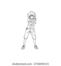 Personaje de anime dinámico en ilustración de acción en negro sobre blanco para manga, arte y estilos de Diseño gráfico