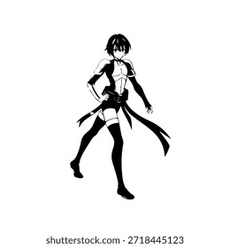 Dynamic Anime Character in Action Illustration in Black on White for Manga, Art, and Graphic Design Styles