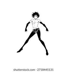 Personagem de Anime Dinâmico na Ilustração de Ação em Preto sobre Branco para Mangá, Arte e Estilos de Design Gráfico