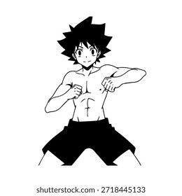 Personaje de anime dinámico en ilustración de acción en negro sobre blanco para manga, arte y estilos de Diseño gráfico