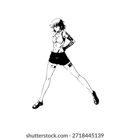 Dynamic Anime Character in Action Illustration in Black on White for Manga, Art, and Graphic Design Styles