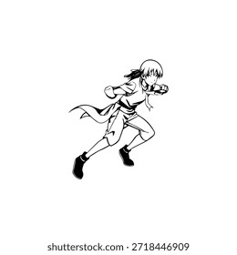 Dynamic Anime Character in Action Illustration in Black on White for Manga, Art, and Graphic Design Styles
