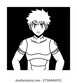 Personagem de Anime Dinâmico na Ilustração de Ação em Preto sobre Branco para Mangá, Arte e Estilos de Design Gráfico