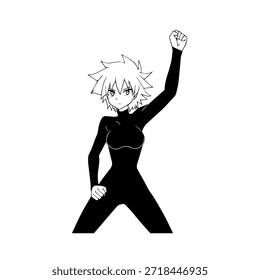 Personagem de Anime Dinâmico na Ilustração de Ação em Preto sobre Branco para Mangá, Arte e Estilos de Design Gráfico