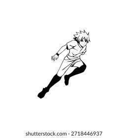 Personagem de Anime Dinâmico na Ilustração de Ação em Preto sobre Branco para Mangá, Arte e Estilos de Design Gráfico