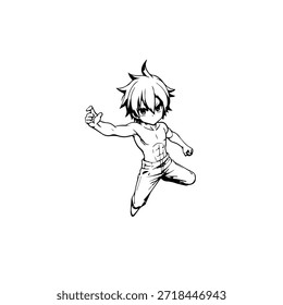 Personagem de Anime Dinâmico na Ilustração de Ação em Preto sobre Branco para Mangá, Arte e Estilos de Design Gráfico