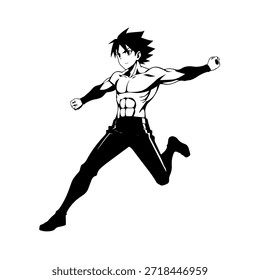Personagem de Anime Dinâmico na Ilustração de Ação em Preto sobre Branco para Mangá, Arte e Estilos de Design Gráfico