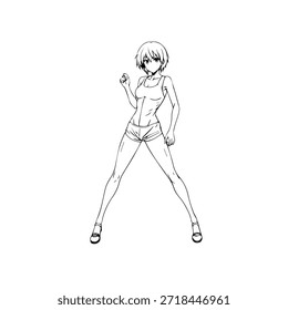 Personaje de anime dinámico en ilustración de acción en negro sobre blanco para manga, arte y estilos de Diseño gráfico