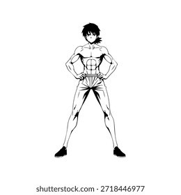 Personagem de Anime Dinâmico na Ilustração de Ação em Preto sobre Branco para Mangá, Arte e Estilos de Design Gráfico
