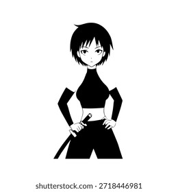Dynamic Anime Character in Action Illustration in Black on White for Manga, Art, and Graphic Design Styles