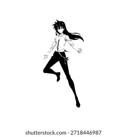 Dynamic Anime Character in Action Illustration in Black on White for Manga, Art, and Graphic Design Styles