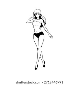 Dynamic Anime Character in Action Illustration in Black on White for Manga, Art, and Graphic Design Styles