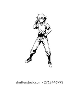 Personagem de Anime Dinâmico na Ilustração de Ação em Preto sobre Branco para Mangá, Arte e Estilos de Design Gráfico