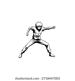 Personaje de anime dinámico en ilustración de acción en negro sobre blanco para manga, arte y estilos de Diseño gráfico