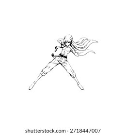 Dynamic Anime Character in Action Illustration in Black on White for Manga, Art, and Graphic Design Styles