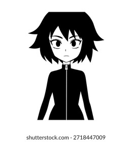 Dynamischer Anime-Charakter in Aktion Illustration in Schwarz auf Weiß für Manga-, Kunst- und Grafikdesign-Stile